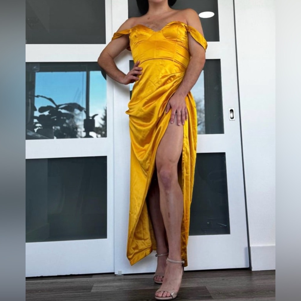 Miss Circle Golden Yellow Satin Maxi Dress Formal Gown